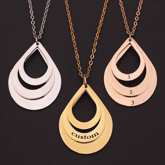 KRAKEEB Personalized Family Necklaces Customized Engraved 3 Names Water Drop Pendant KRAKEEB