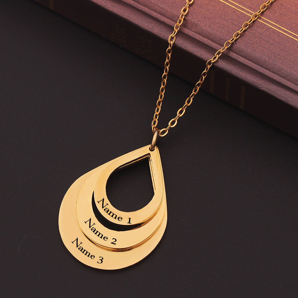 KRAKEEB Personalized Family Necklaces Customized Engraved 3 Names Water Drop Pendant KRAKEEB